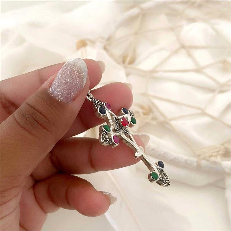 PINGENTE PRATA 925 CRUZ TRABALAHDA COM PEDRAS